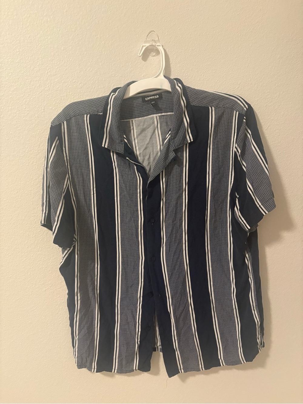 Express Navy and White Vertical Stripe Short Sleeve Button-Down Shirt
